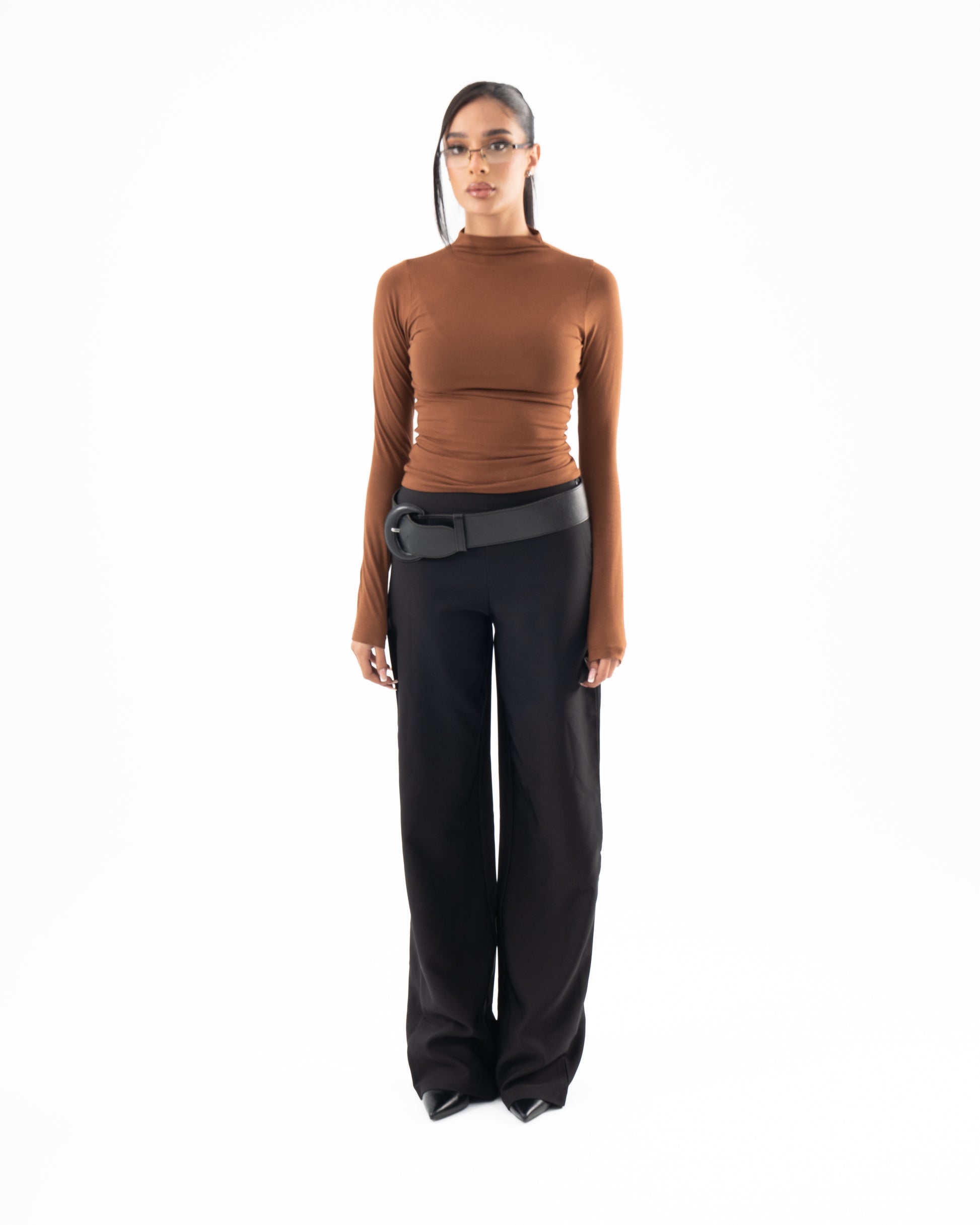 High Neck Elevated Top in Brown
