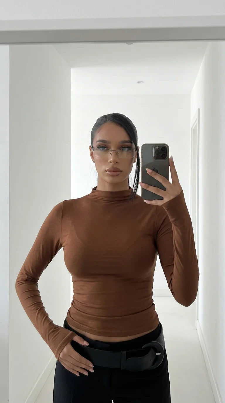 High Neck Elevated Top in Brown